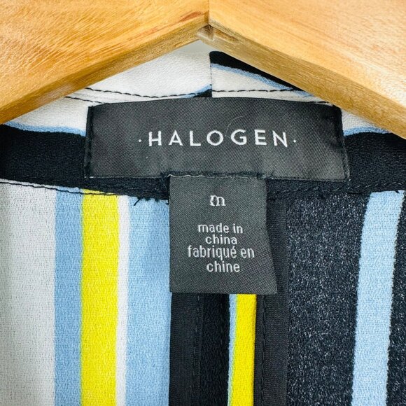 Halogen Blue Yellow Striped Shawl Neck Long Sleeve Tie Waist Pocket Blazer M - Picture 5 of 10